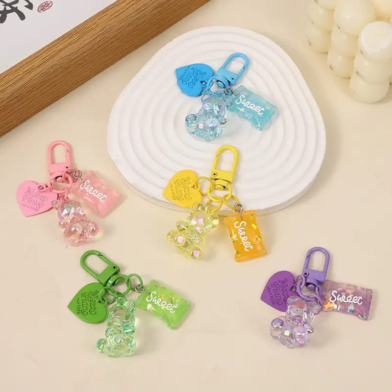colorful acrylic keychain with candies and little bear,bag pendant, sparkling beads and glittery charms for diy accessories